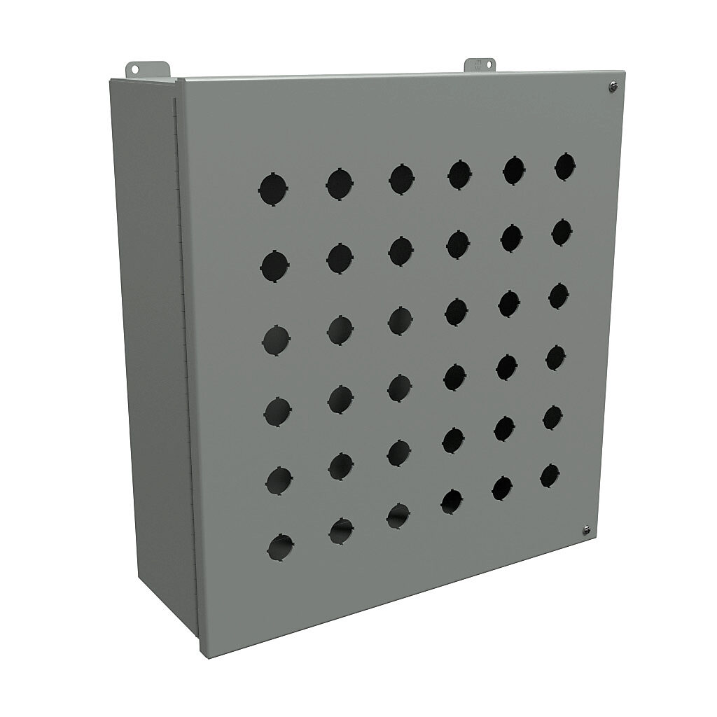 1489MP36 - Hammond pushbutton enclosure, 36 holes, 22mm, NEMA 12, 18 x 17 x 6in (HxWxD), wall mount, carbon steel, ANSI 61 gray, powder coat finish, hinged screw cover.