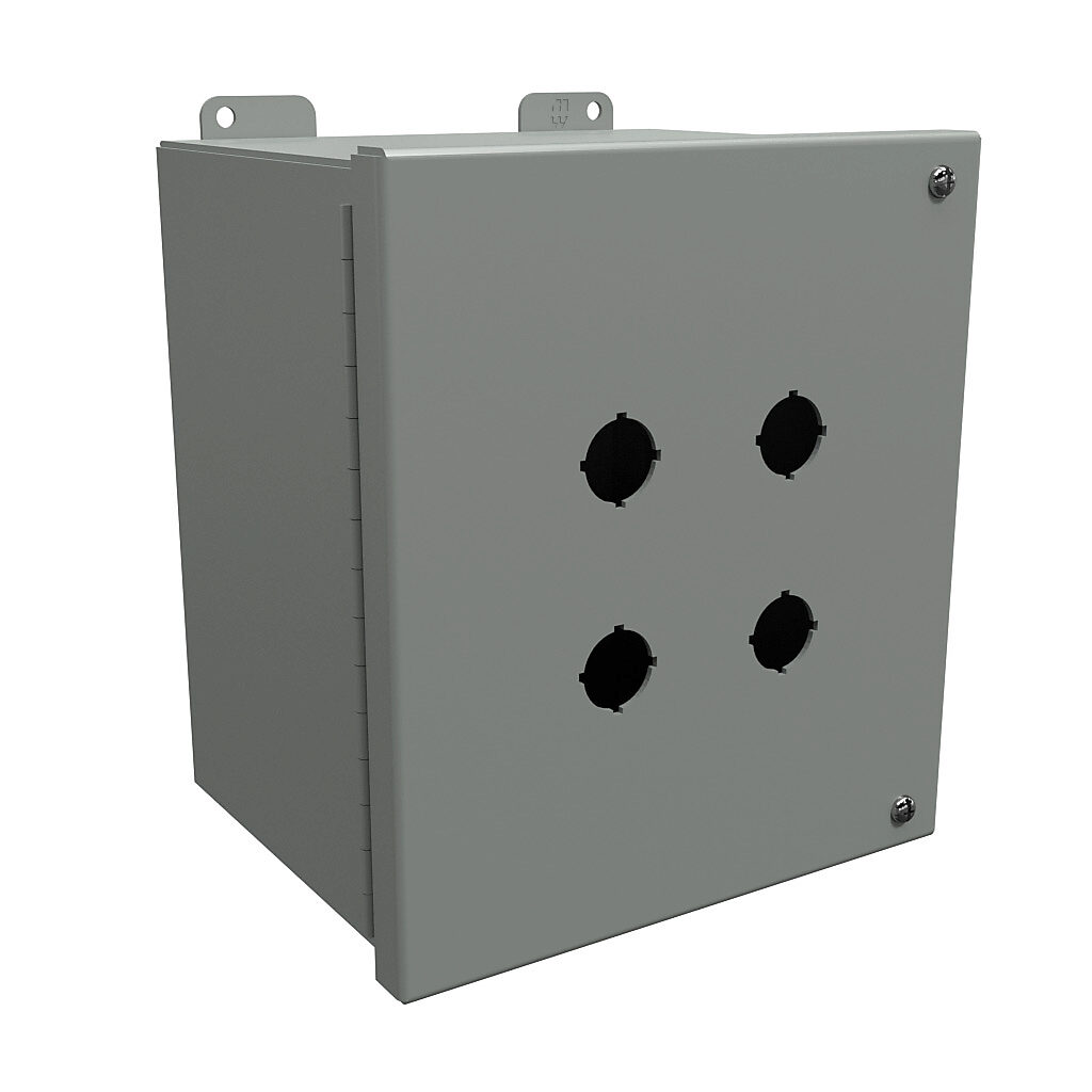 1489MP4 - Hammond pushbutton enclosure, 4 holes, 22mm, NEMA 12, 9 x 8 x 6in (HxWxD), wall mount, carbon steel, ANSI 61 gray, powder coat finish, hinged screw cover.
