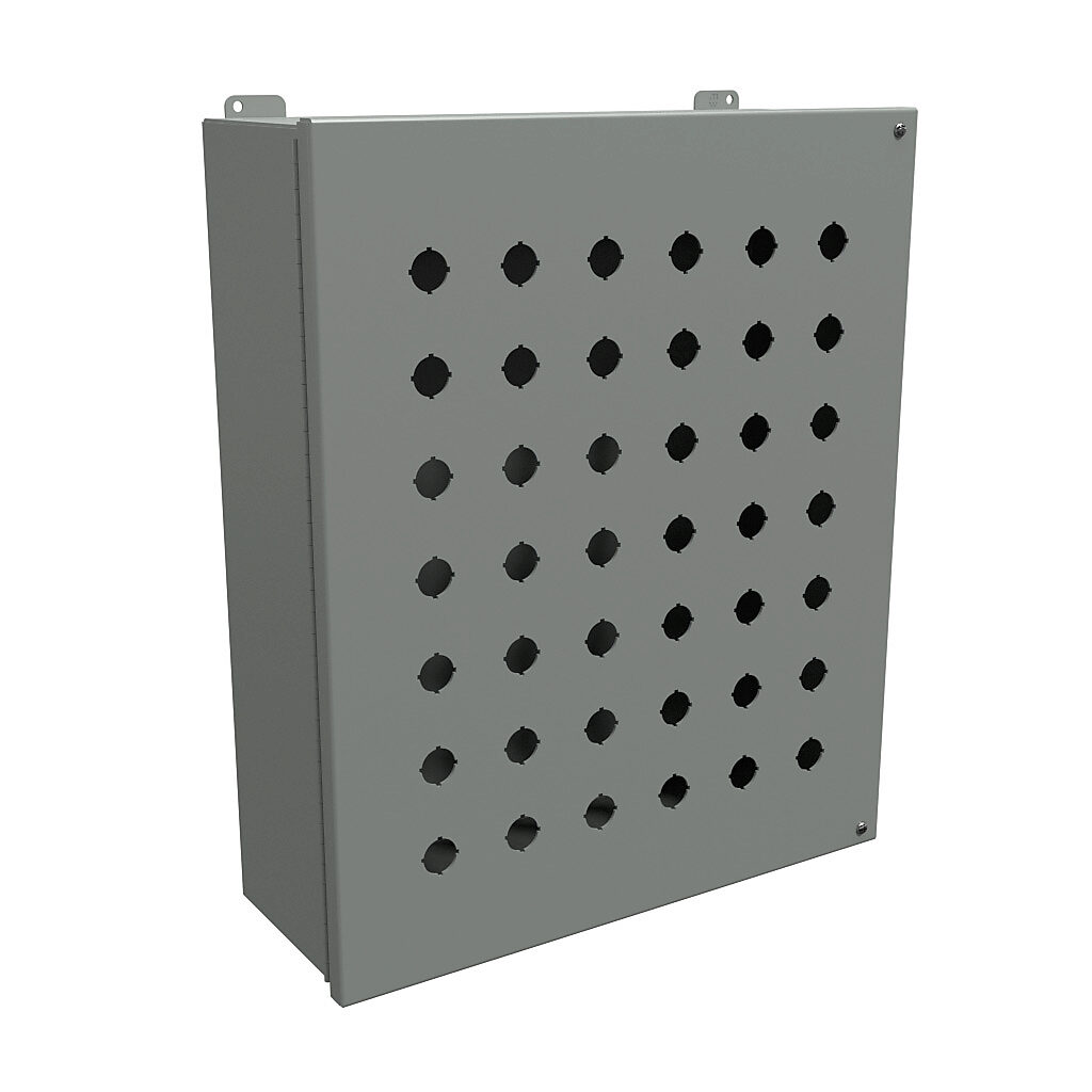 1489MP42 - Hammond pushbutton enclosure, 42 holes, 22mm, NEMA 12, 20 x 17 x 6in (HxWxD), wall mount, carbon steel, ANSI 61 gray, powder coat finish, hinged screw cover.