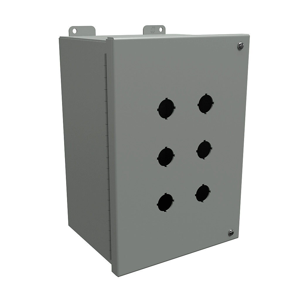 1489MP6 - Hammond pushbutton enclosure, 6 holes, 22mm, NEMA 12, 11 x 8 x 6in (HxWxD), wall mount, carbon steel, ANSI 61 gray, powder coat finish, hinged screw cover.