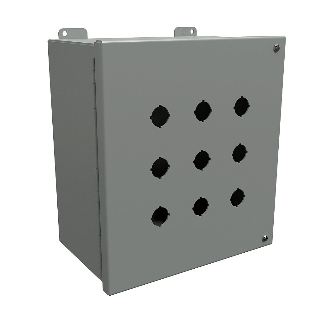 1489MP9 - Hammond pushbutton enclosure, 9 holes, 22mm, NEMA 12, 11 x 10 x 6in (HxWxD), wall mount, carbon steel, ANSI 61 gray, powder coat finish, hinged screw cover.