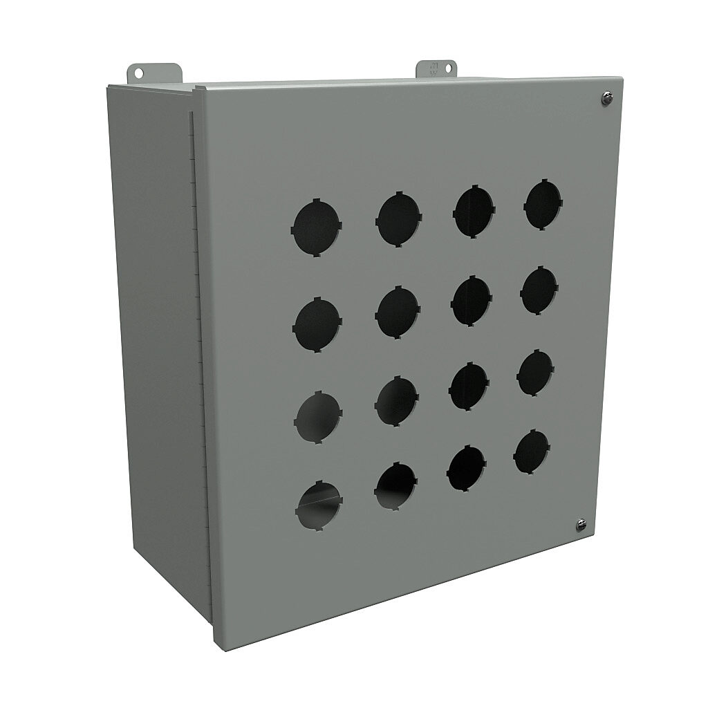 1489P16 - Hammond pushbutton enclosure, 16 holes, 30mm, NEMA 12, 13 x 12 x 6in (HxWxD), wall mount, carbon steel, ANSI 61 gray, powder coat finish, hinged screw cover.