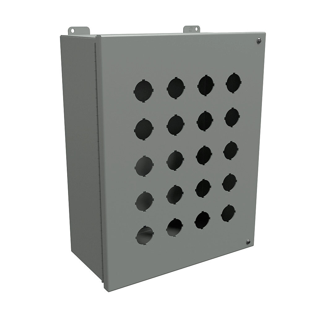 1489P20 - Hammond pushbutton enclosure, 20 holes, 30mm, NEMA 12, 15 x 12 x 6in (HxWxD), wall mount, carbon steel, ANSI 61 gray, powder coat finish, hinged screw cover.
