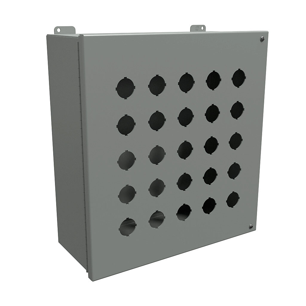1489P25 - Hammond pushbutton enclosure, 25 holes, 30mm, NEMA 12, 15 x 14 x 6in (HxWxD), wall mount, carbon steel, ANSI 61 gray, powder coat finish, hinged screw cover.