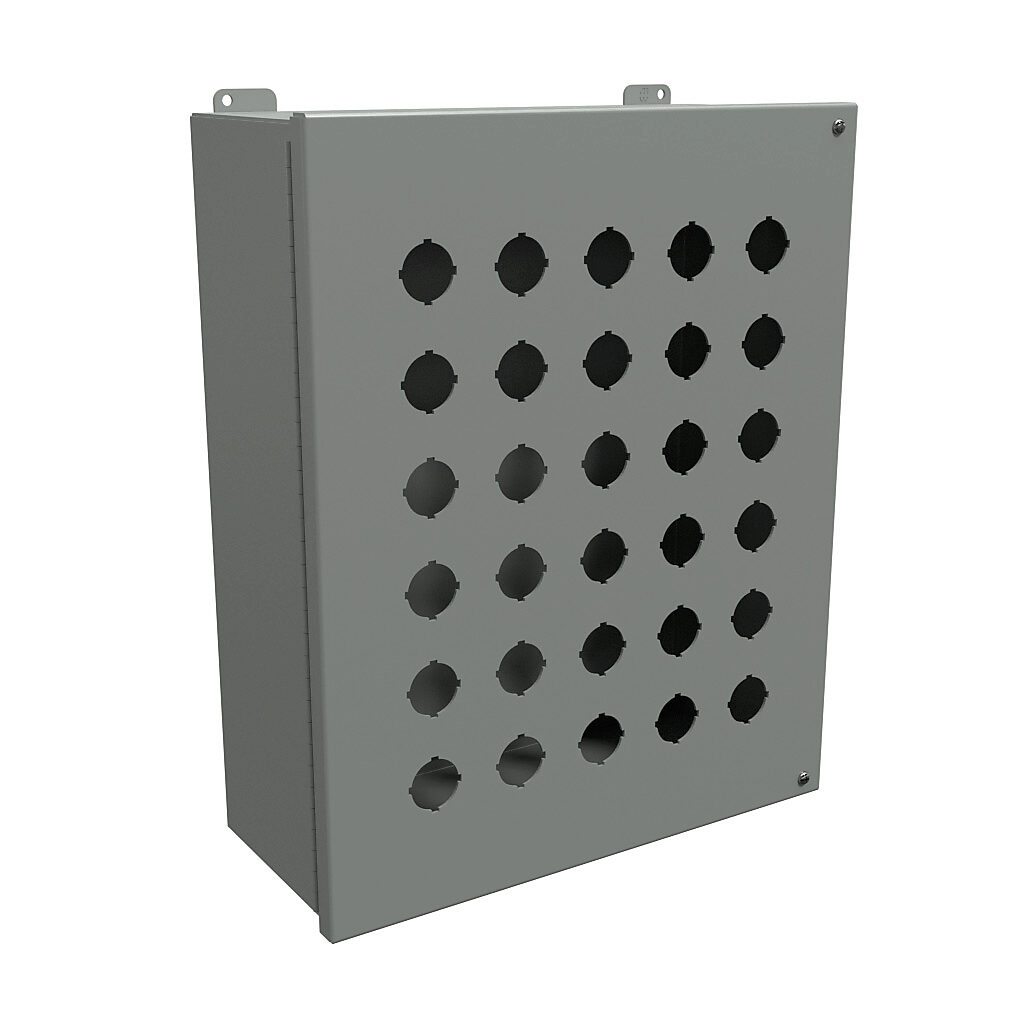 1489P30 - Hammond pushbutton enclosure, 30 holes, 30mm, NEMA 12, 18 x 14 x 6in (HxWxD), wall mount, carbon steel, ANSI 61 gray, powder coat finish, hinged screw cover.