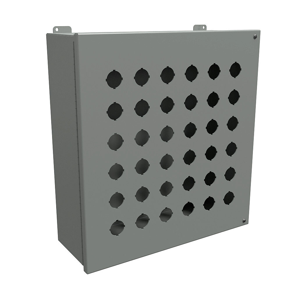 1489P36 - Hammond pushbutton enclosure, 36 holes, 30mm, NEMA 12, 18 x 17 x 6in (HxWxD), wall mount, carbon steel, ANSI 61 gray, powder coat finish, hinged screw cover.
