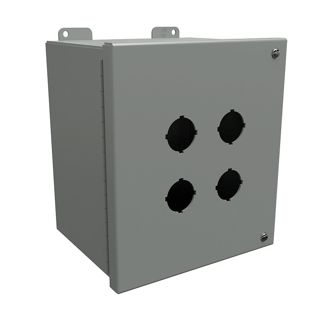 1489P4 - Hammond pushbutton enclosure, 4 holes, 30mm, NEMA 12, 9 x 8 x 6in (HxWxD), wall mount, carbon steel, ANSI 61 gray, powder coat finish, hinged screw cover.