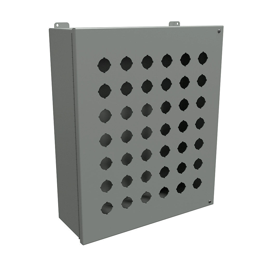 1489P42 - Hammond pushbutton enclosure, 42 holes, 30mm, NEMA 12, 20 x 17 x 6in (HxWxD), wall mount, carbon steel, ANSI 61 gray, powder coat finish, hinged screw cover.