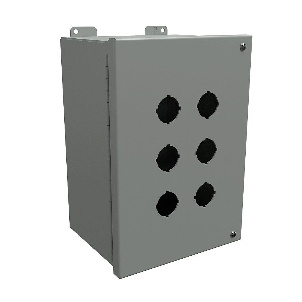 1489P6 - Hammond pushbutton enclosure, 6 holes, 30mm, NEMA 12, 11 x 8 x 6in (HxWxD), wall mount, carbon steel, ANSI 61 gray, powder coat finish, hinged screw cover.