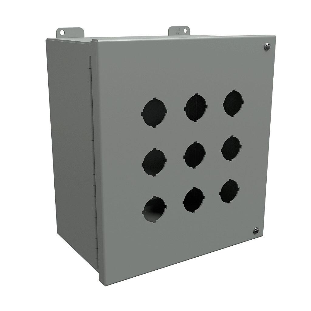 1489P9 - Hammond pushbutton enclosure, 9 holes, 30mm, NEMA 12, 11 x 10 x 6in (HxWxD), wall mount, carbon steel, ANSI 61 gray, powder coat finish, hinged screw cover.