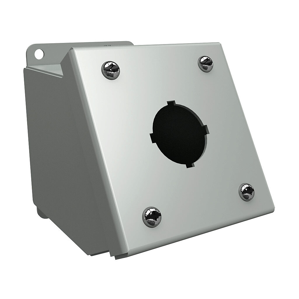 1490D1 - Hammond pushbutton consolet, 1 hole, 30mm, NEMA 12/13, 4 x 4 x 5in (HxWxD), desktop or pedestal mount, carbon steel, ANSI 61 gray, powder coat finish, screw cover.