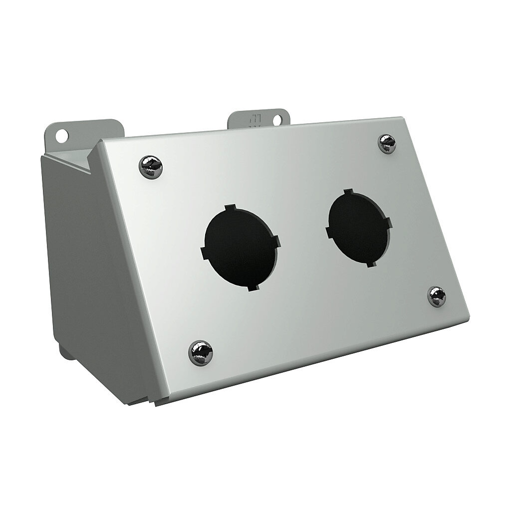 1490D2 - Hammond pushbutton consolet, 2 holes, 30mm, NEMA 12/13, 4 x 6 x 5in (HxWxD), desktop or pedestal mount, carbon steel, ANSI 61 gray, powder coat finish, screw cover.