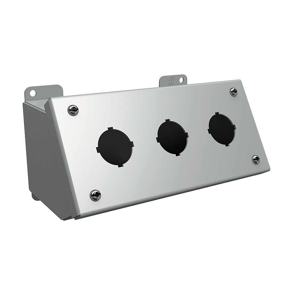 1490D3 - Hammond pushbutton consolet, 3 holes, 30mm, NEMA 12/13, 4 x 8 x 5in (HxWxD), desktop or pedestal mount, carbon steel, ANSI 61 gray, powder coat finish, screw cover.
