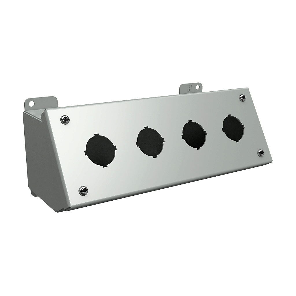 1490D4 - Hammond pushbutton consolet, 4 holes, 30mm, NEMA 12/13, 4 x 10 x 5in (HxWxD), desktop or pedestal mount, carbon steel, ANSI 61 gray, powder coat finish, screw cover.