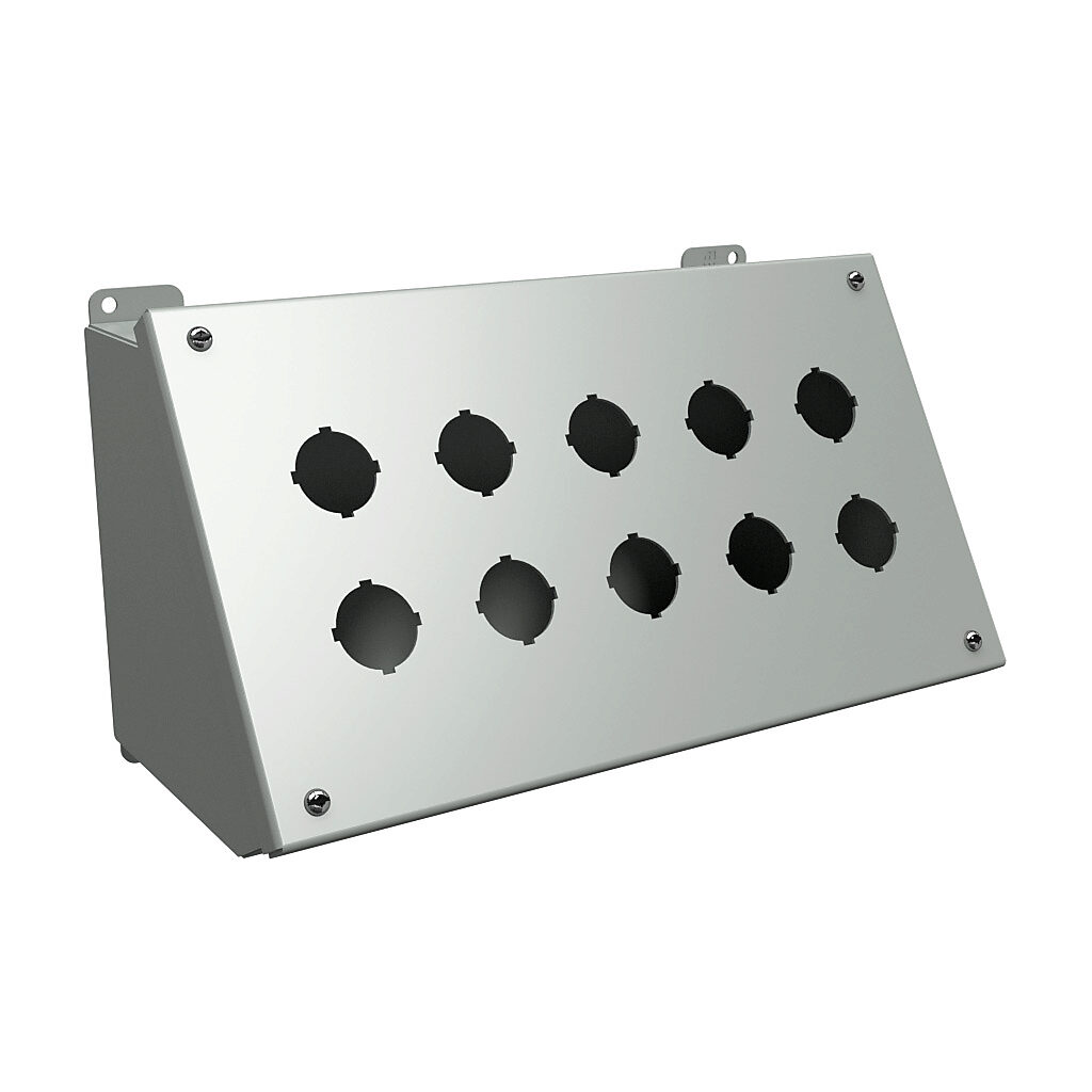 1490G10 - Hammond pushbutton consolet, 10 holes, 30mm, NEMA 12/13, 7 x 13 x 7in (HxWxD), desktop or pedestal mount, carbon steel, ANSI 61 gray, powder coat finish, hinged screw cover.