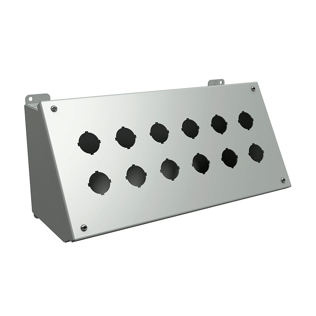 1490G12 - Hammond pushbutton consolet, 12 holes, 30mm, NEMA 12/13, 7 x 16 x 7in (HxWxD), desktop or pedestal mount, carbon steel, ANSI 61 gray, powder coat finish, hinged screw cover.