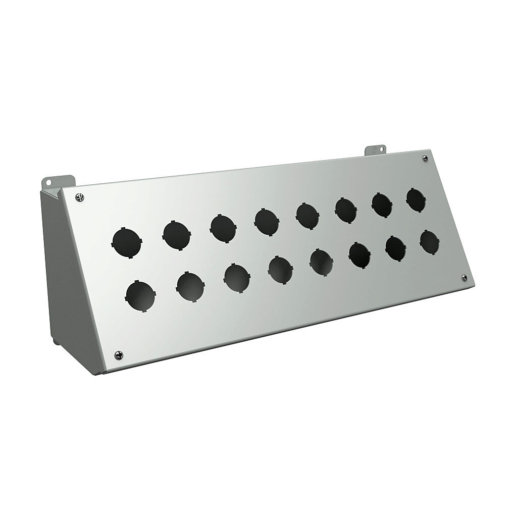 1490G16 - Hammond pushbutton consolet, 16 holes, 30mm, NEMA 12/13, 7 x 20 x 7in (HxWxD), desktop or pedestal mount, carbon steel, ANSI 61 gray, powder coat finish, hinged screw cover.