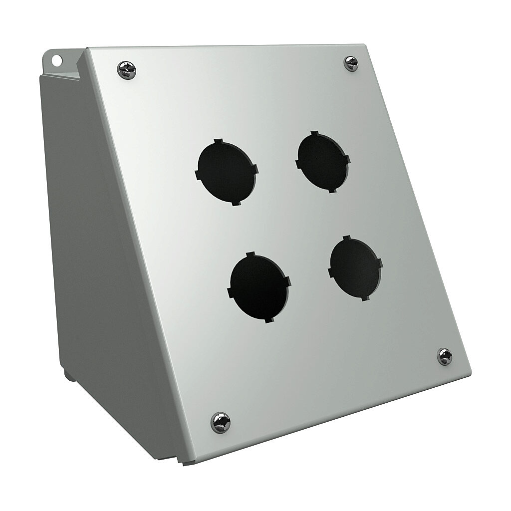 1490G4 - Hammond pushbutton consolet, 4 holes, 30mm, NEMA 12/13, 7 x 7 x 7in (HxWxD), desktop or pedestal mount, carbon steel, ANSI 61 gray, powder coat finish, hinged screw cover.