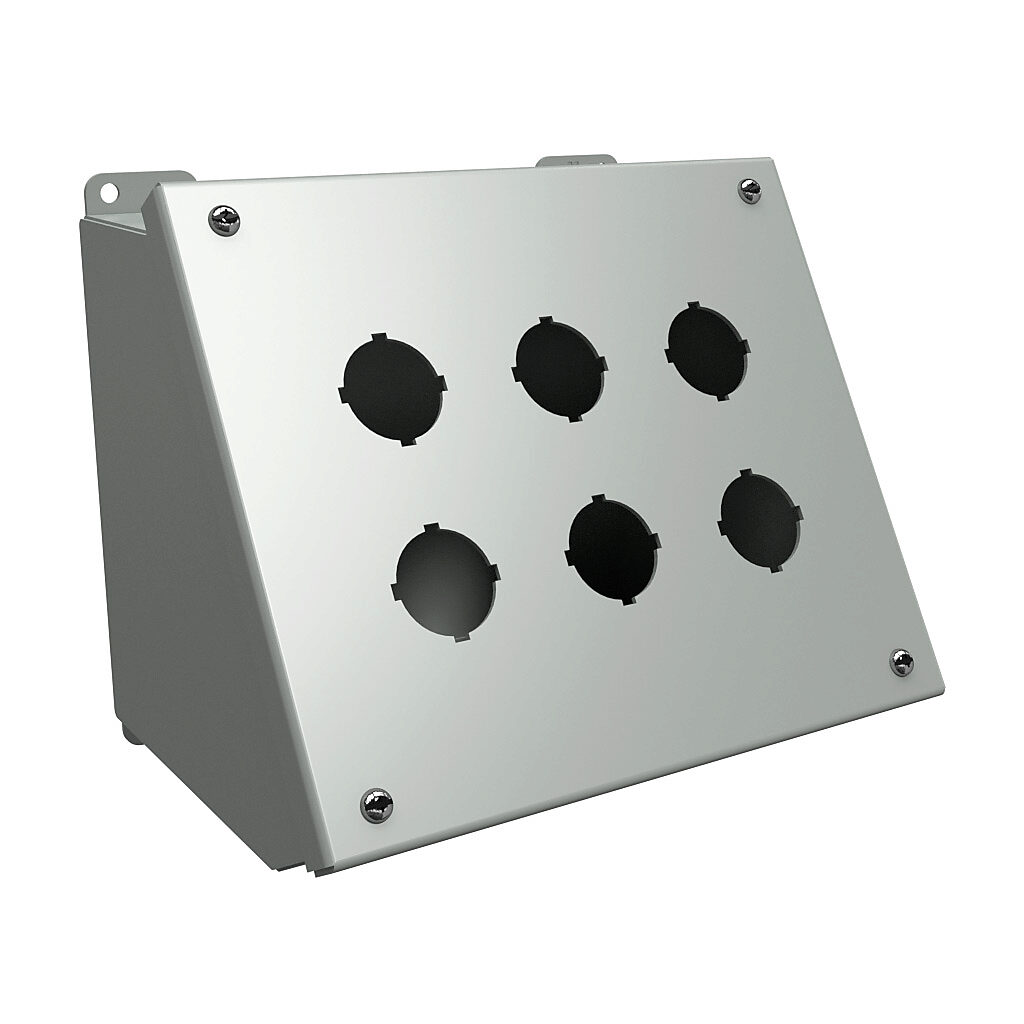 1490G6 - Hammond pushbutton consolet, 6 holes, 30mm, NEMA 12/13, 7 x 9 x 7in (HxWxD), desktop or pedestal mount, carbon steel, ANSI 61 gray, powder coat finish, hinged screw cover.