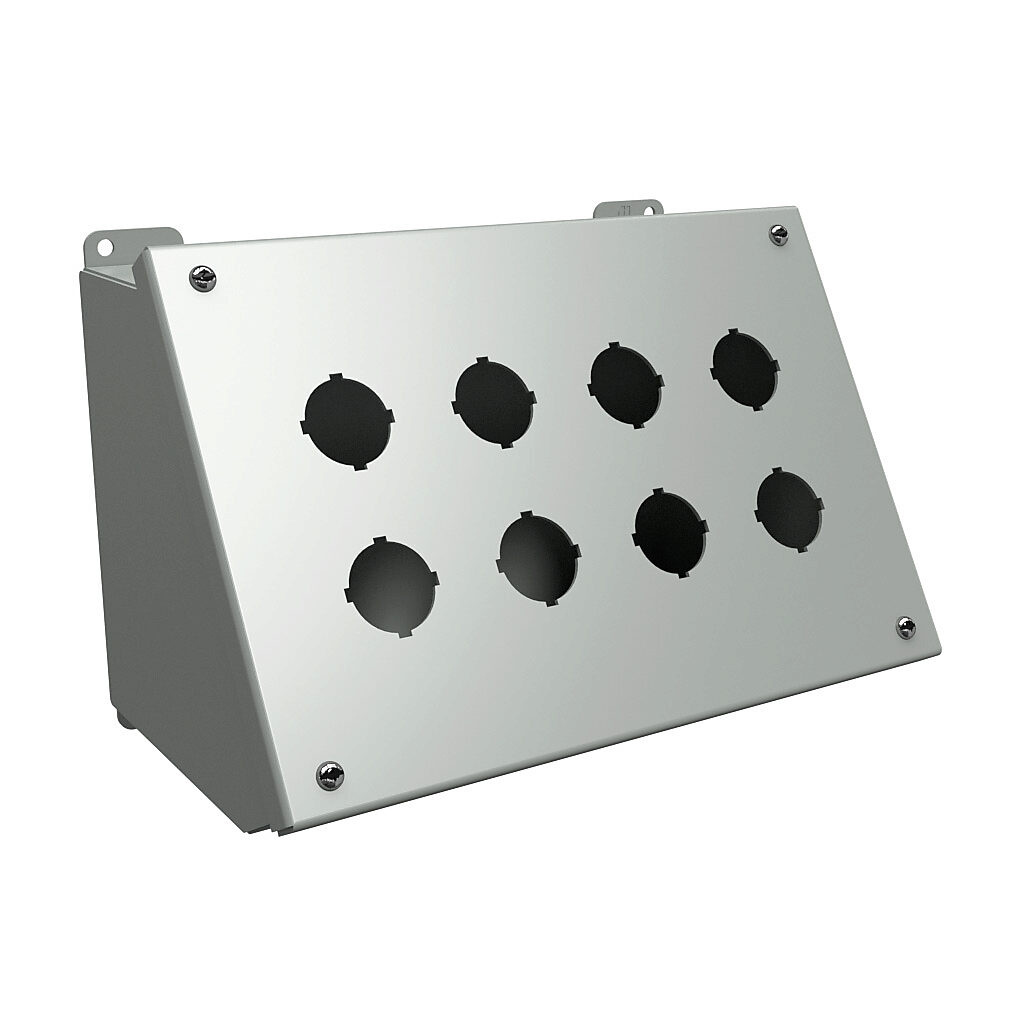 1490G8 - Hammond pushbutton consolet, 8 holes, 30mm, NEMA 12/13, 7 x 11 x 7in (HxWxD), desktop or pedestal mount, carbon steel, ANSI 61 gray, powder coat finish, hinged screw cover.