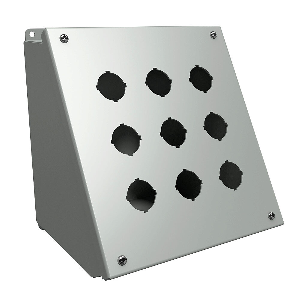 1490H9 - Hammond pushbutton consolet, 9 holes, 30mm, NEMA 12/13, 9 x 9 x 8in (HxWxD), desktop or pedestal mount, carbon steel, ANSI 61 gray, powder coat finish, hinged screw cover.