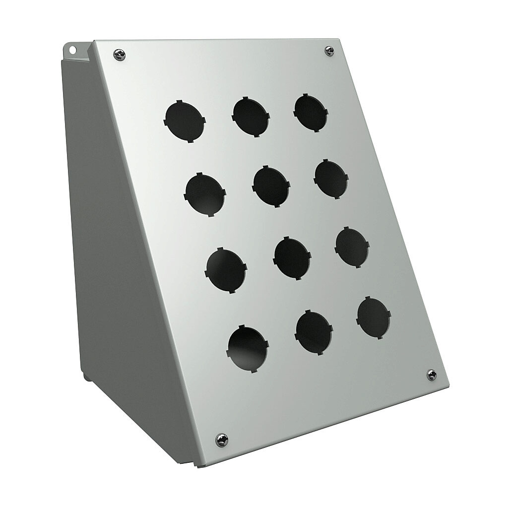 1490J12 - Hammond pushbutton consolet, 12 holes, 30mm, NEMA 12/13, 11 x 9 x 9in (HxWxD), desktop or pedestal mount, carbon steel, ANSI 61 gray, powder coat finish, hinged screw cover.
