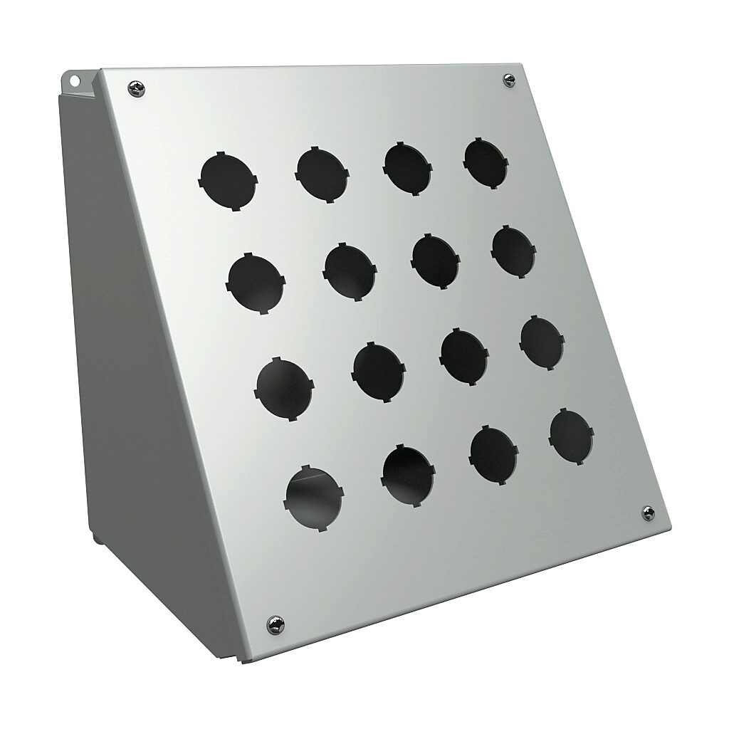 1490J16 - Hammond pushbutton consolet, 16 holes, 30mm, NEMA 12/13, 11 x 11 x 9in (HxWxD), desktop or pedestal mount, carbon steel, ANSI 61 gray, powder coat finish, hinged screw cover.