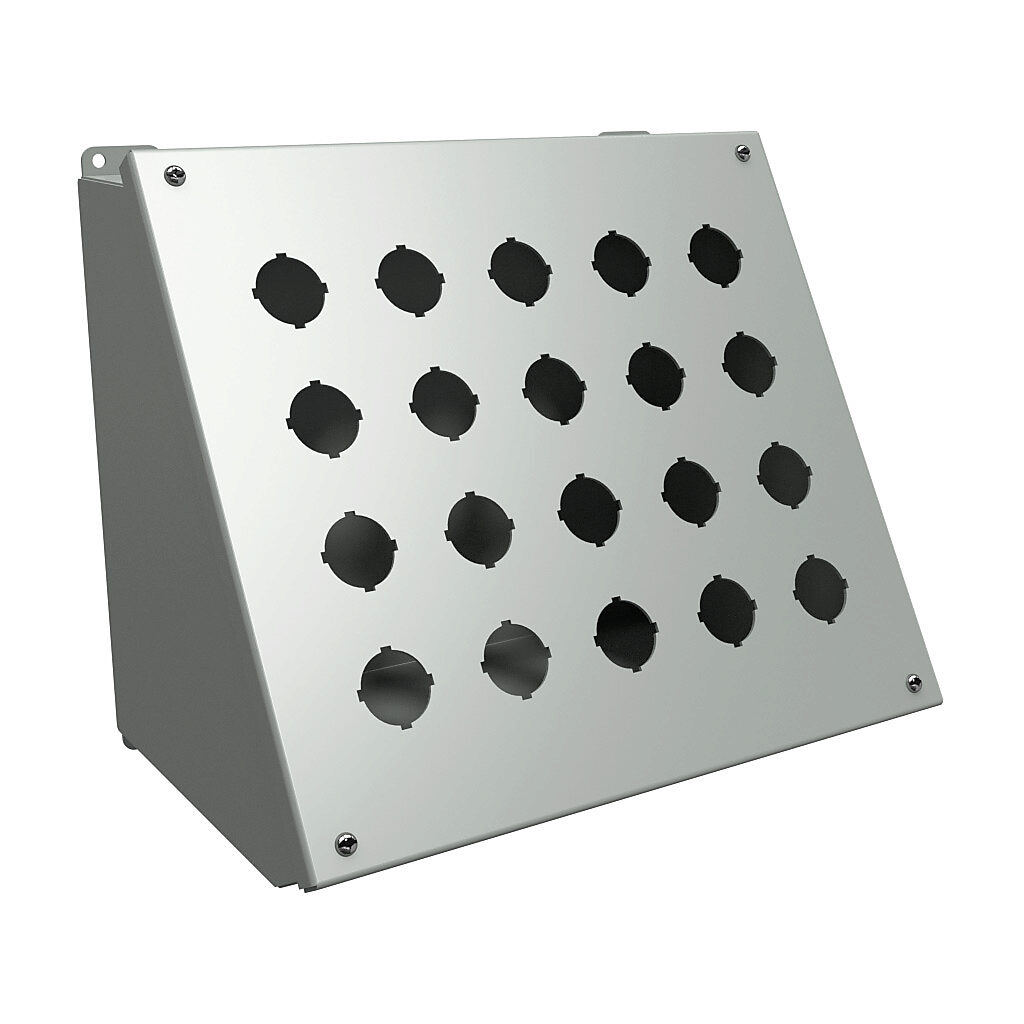 1490J20 - Hammond pushbutton consolet, 20 holes, 30mm, NEMA 12/13, 11 x 13 x 9in (HxWxD), desktop or pedestal mount, carbon steel, ANSI 61 gray, powder coat finish, hinged screw cover.