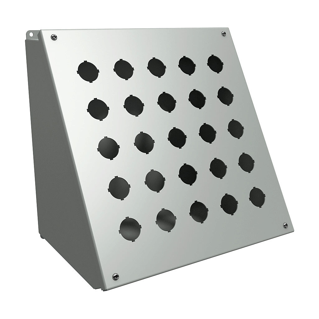 1490K25 - Hammond pushbutton consolet, 25 holes, 30mm, NEMA 12/13, 13 x 13 x 10in (HxWxD), desktop or pedestal mount, carbon steel, ANSI 61 gray, powder coat finish, hinged screw cover.