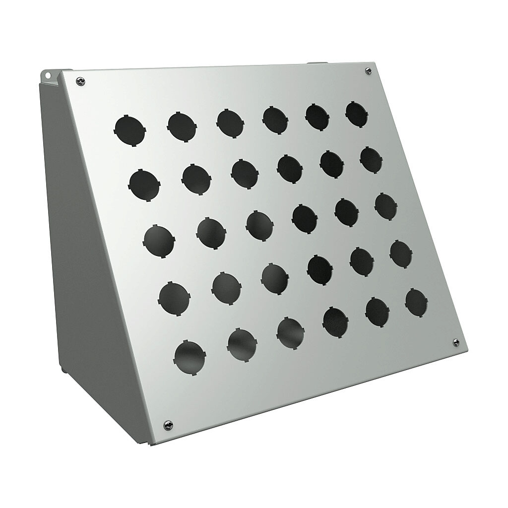 1490K30 - Hammond pushbutton consolet, 30 holes, 30mm, NEMA 12/13, 13 x 16 x 10in (HxWxD), desktop or pedestal mount, carbon steel, ANSI 61 gray, powder coat finish, hinged screw cover.