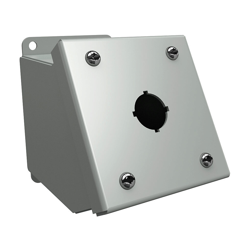 1490MD1 - Hammond pushbutton consolet, 1 hole, 22mm, NEMA 12/13, 4 x 4 x 5in (HxWxD), desktop or pedestal mount, carbon steel, ANSI 61 gray, powder coat finish, screw cover.