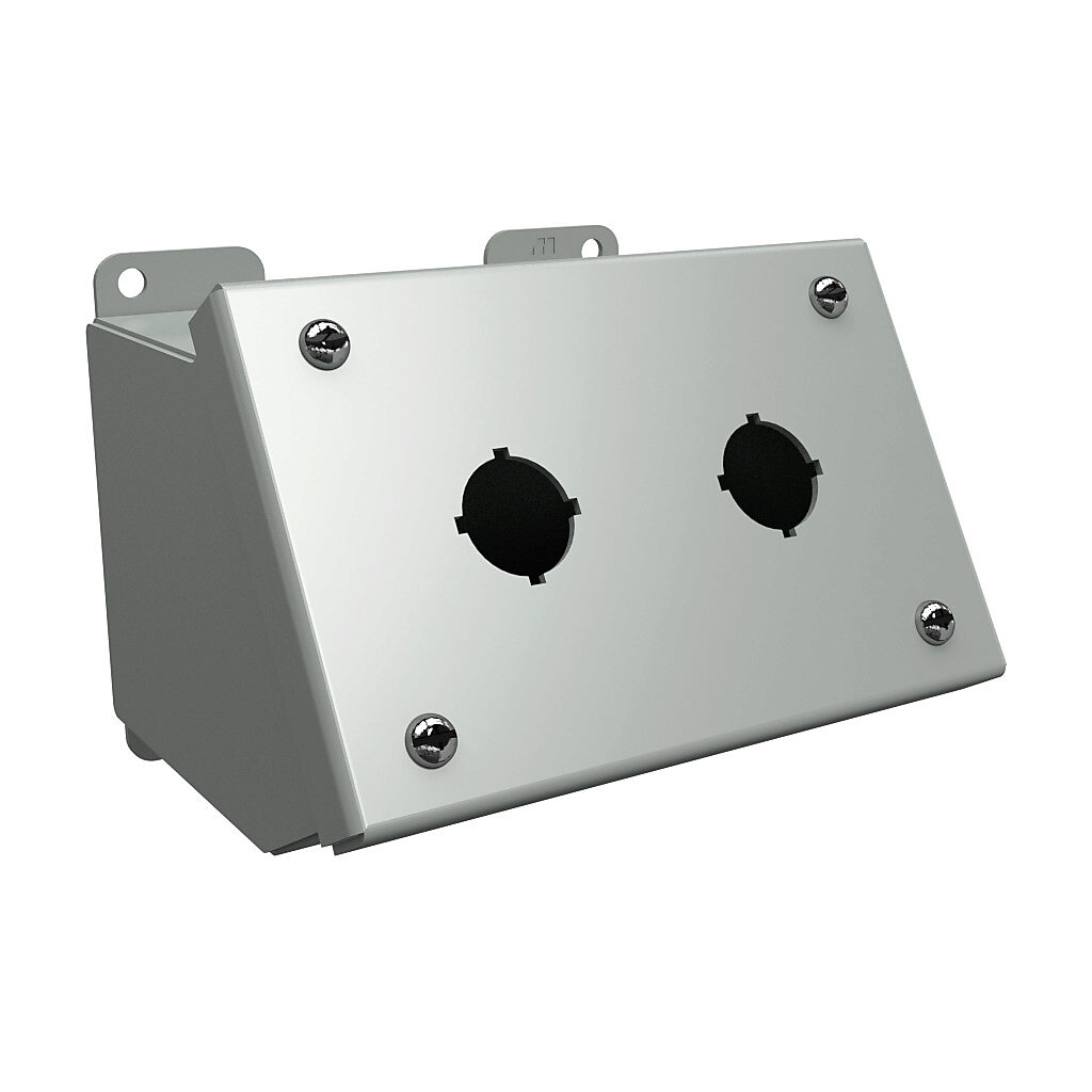 1490MD2 - Hammond pushbutton consolet, 2 holes, 22mm, NEMA 12/13, 4 x 6 x 5in (HxWxD), desktop or pedestal mount, carbon steel, ANSI 61 gray, powder coat finish, screw cover.