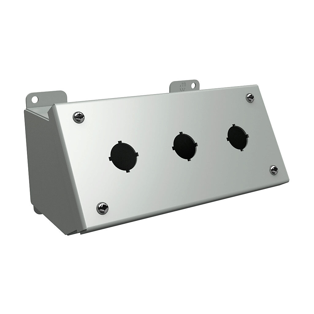 1490MD3 - Hammond pushbutton consolet, 3 holes, 22mm, NEMA 12/13, 4 x 8 x 5in (HxWxD), desktop or pedestal mount, carbon steel, ANSI 61 gray, powder coat finish, screw cover.