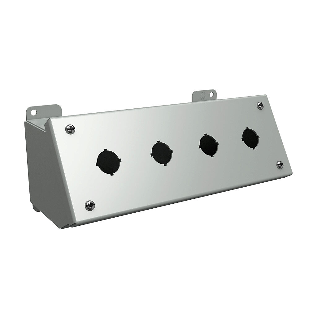1490MD4 - Hammond pushbutton consolet, 4 holes, 22mm, NEMA 12/13, 4 x 10 x 5in (HxWxD), desktop or pedestal mount, carbon steel, ANSI 61 gray, powder coat finish, screw cover.