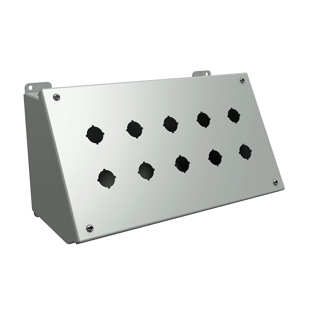 1490MG10 - Hammond pushbutton consolet, 10 holes, 22mm, NEMA 12/13, 7 x 13 x 7in (HxWxD), desktop or pedestal mount, carbon steel, ANSI 61 gray, powder coat finish, hinged screw cover.