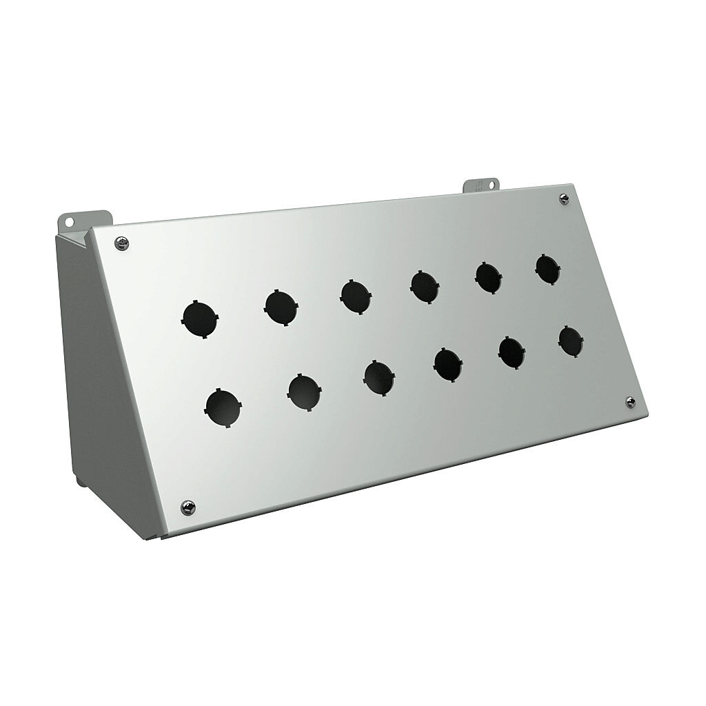 1490MG12 - Hammond pushbutton consolet, 12 holes, 22mm, NEMA 12/13, 7 x 16 x 7in (HxWxD), desktop or pedestal mount, carbon steel, ANSI 61 gray, powder coat finish, hinged screw cover.
