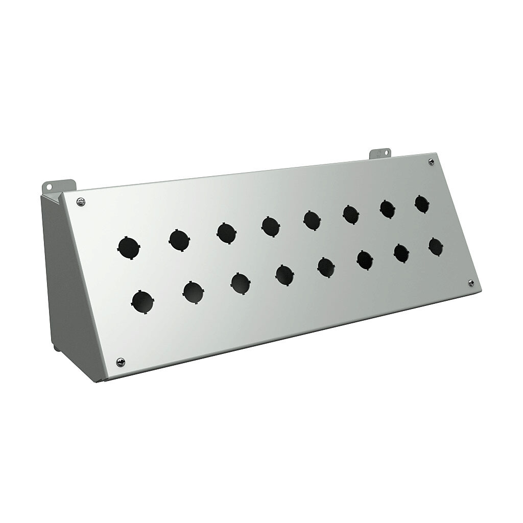 1490MG16 - Hammond pushbutton consolet, 16 holes, 22mm, NEMA 12/13, 7 x 20 x 7in (HxWxD), desktop or pedestal mount, carbon steel, ANSI 61 gray, powder coat finish, hinged screw cover.
