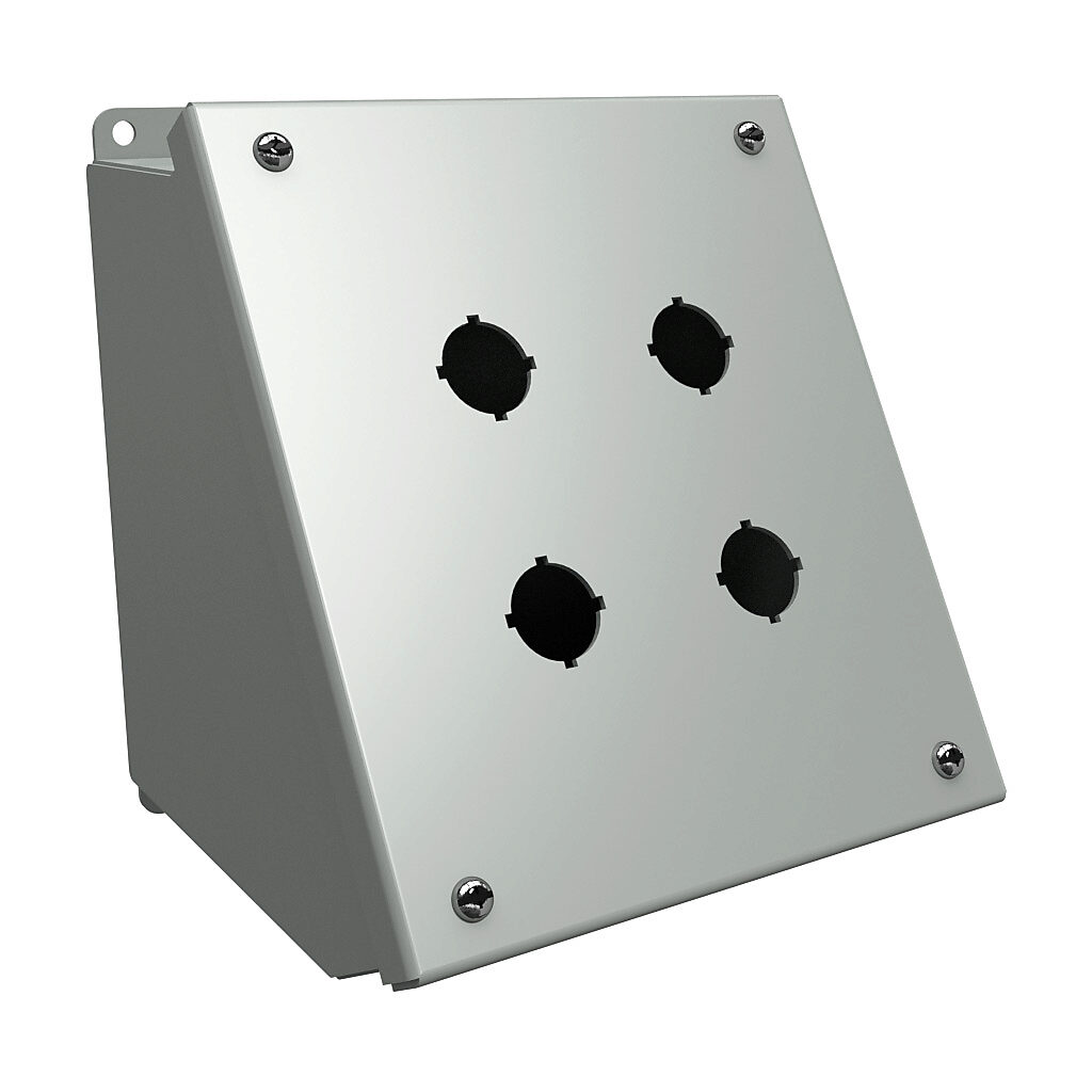 1490MG4 - Hammond pushbutton consolet, 4 holes, 22mm, NEMA 12/13, 7 x 7 x 7in (HxWxD), desktop or pedestal mount, carbon steel, ANSI 61 gray, powder coat finish, hinged screw cover.