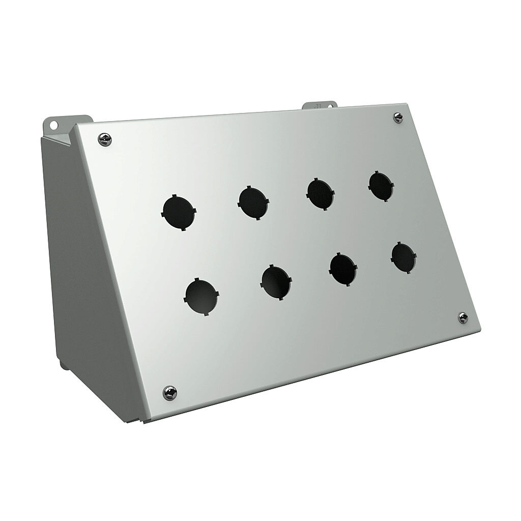 1490MG8 - Hammond pushbutton consolet, 8 holes, 22mm, NEMA 12/13, 7 x 11 x 7in (HxWxD), desktop or pedestal mount, carbon steel, ANSI 61 gray, powder coat finish, hinged screw cover.
