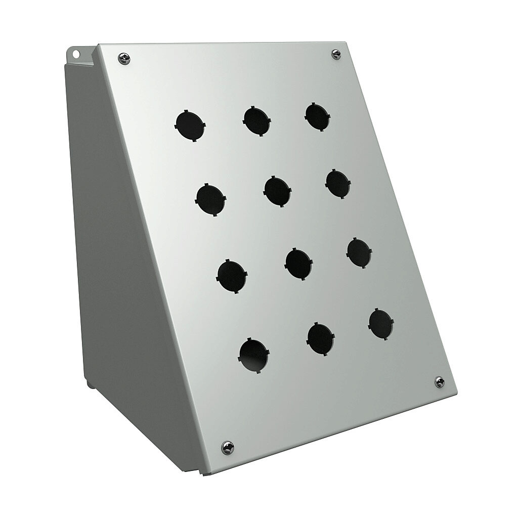1490MJ12 - Hammond pushbutton consolet, 12 holes, 22mm, NEMA 12/13, 11 x 9 x 9in (HxWxD), desktop or pedestal mount, carbon steel, ANSI 61 gray, powder coat finish, hinged screw cover.