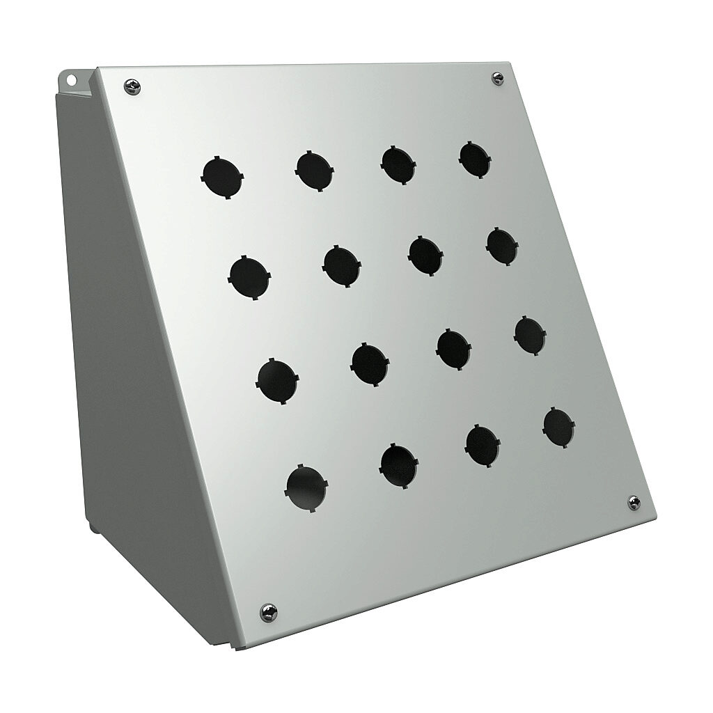 1490MJ16 - Hammond pushbutton consolet, 16 holes, 22mm, NEMA 12/13, 11 x 11 x 9in (HxWxD), desktop or pedestal mount, carbon steel, ANSI 61 gray, powder coat finish, hinged screw cover.