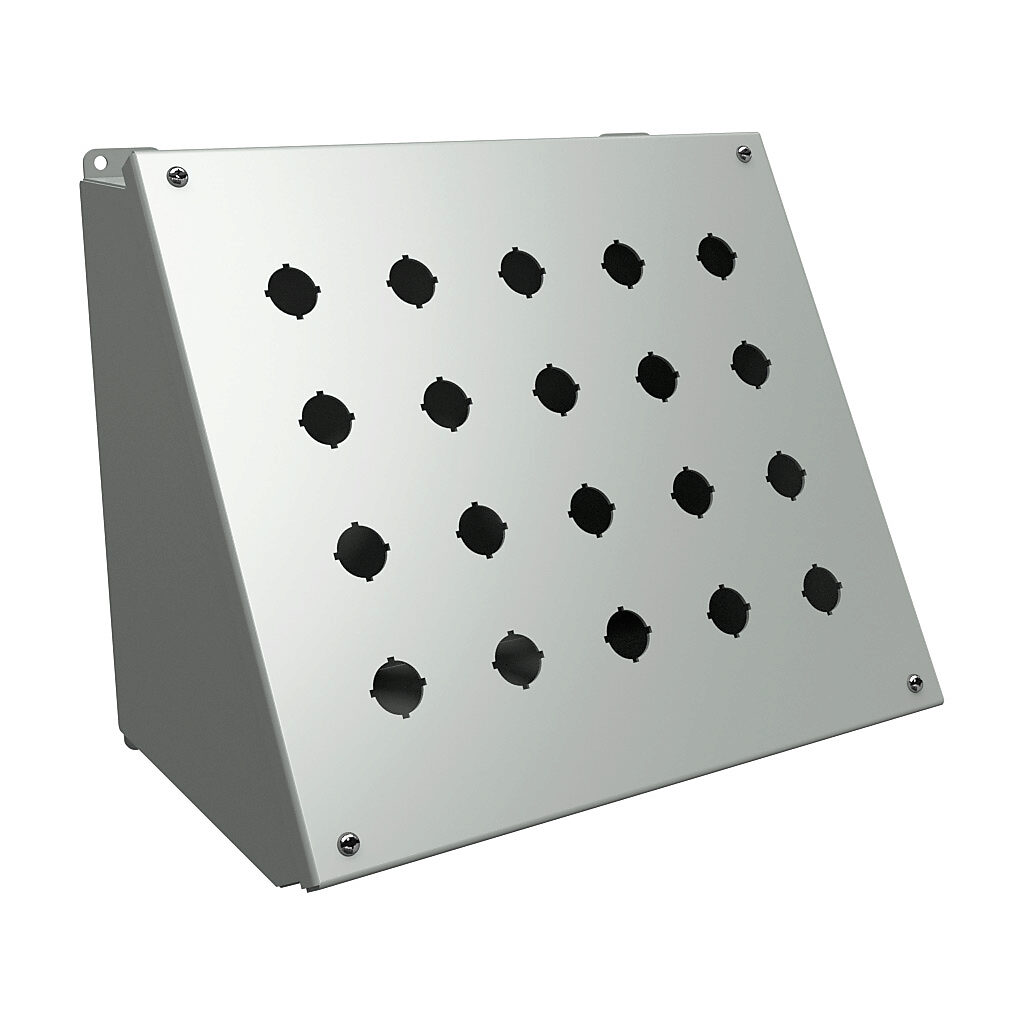 1490MJ20 - Hammond pushbutton consolet, 20 holes, 22mm, NEMA 12/13, 11 x 13 x 9in (HxWxD), desktop or pedestal mount, carbon steel, ANSI 61 gray, powder coat finish, hinged screw cover.