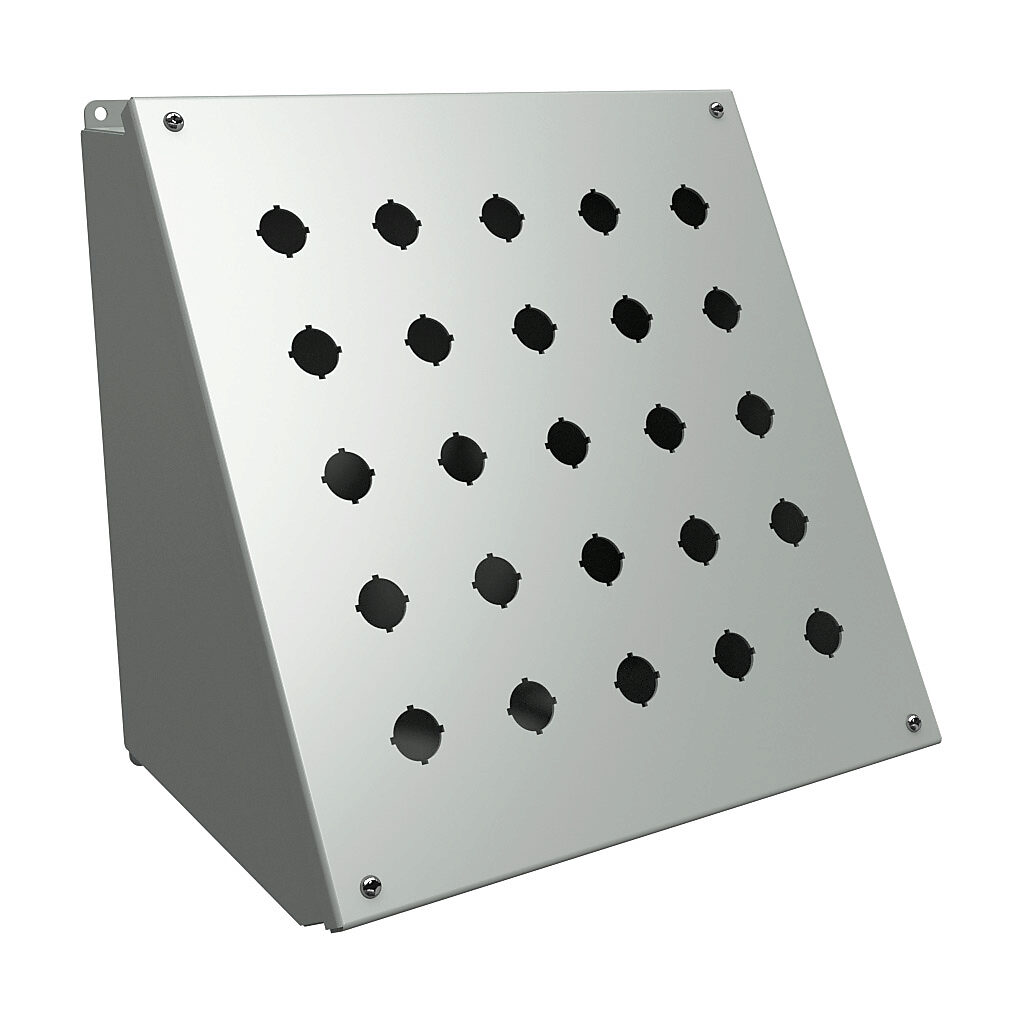1490MK25 - Hammond pushbutton consolet, 25 holes, 22mm, NEMA 12/13, 13 x 13 x 10in (HxWxD), desktop or pedestal mount, carbon steel, ANSI 61 gray, powder coat finish, hinged screw cover.