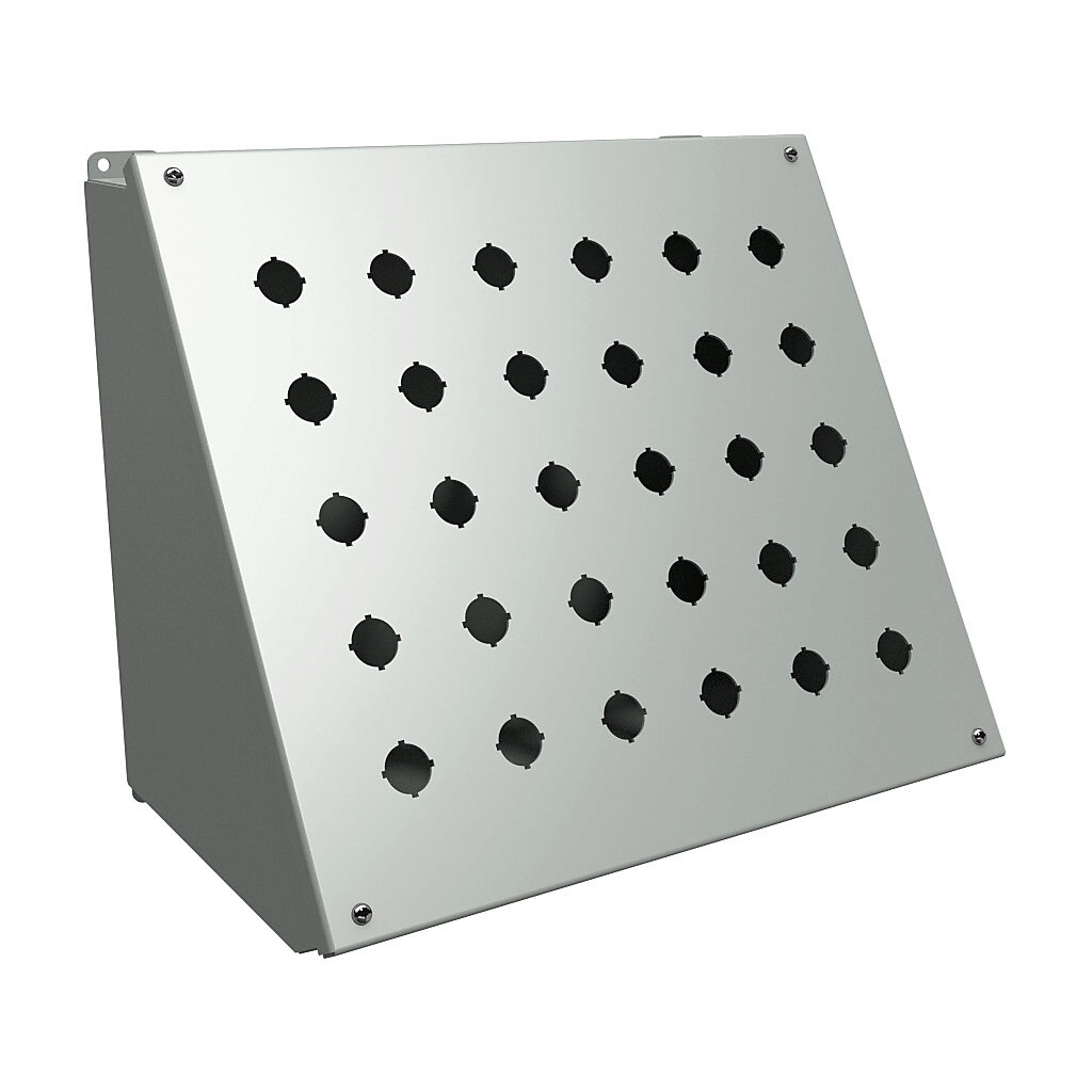 1490MK30 - Hammond pushbutton consolet, 30 holes, 22mm, NEMA 12/13, 13 x 16 x 10in (HxWxD), desktop or pedestal mount, carbon steel, ANSI 61 gray, powder coat finish, hinged screw cover.