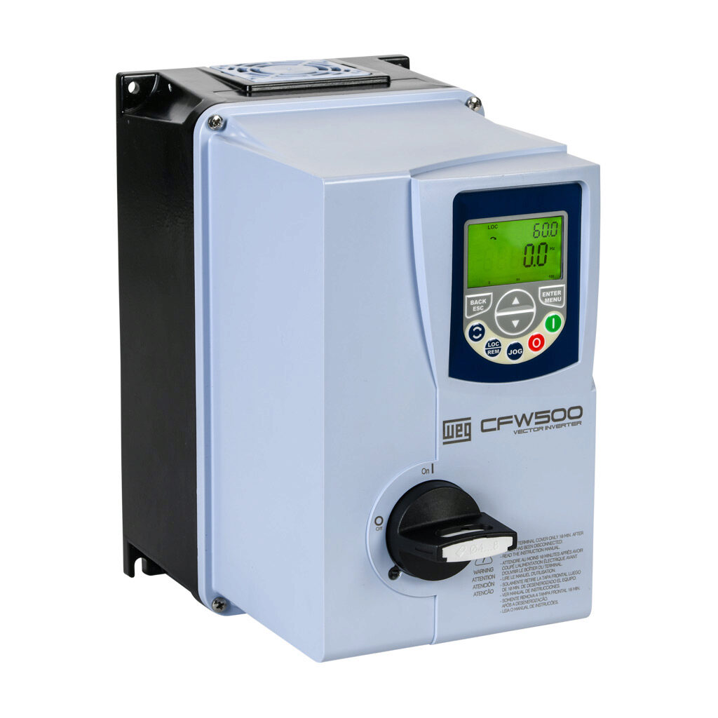 14938005 - WEG Electric CFW500 series AC high-performance drive with disconnect, NEMA 4X, 230 VAC, 2hp with 3-phase and 1-phase input, SVC, V/Hz, VVW, FOC, encoder or torque mode, A frame, RS-485, integrated dynamic braking. Optional communication...
