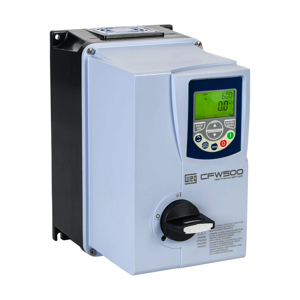 14938047 - WEG Electric CFW500 series AC high-performance drive with disconnect, NEMA 4X, 230 VAC, 3hp with 3-phase and 1-phase input, SVC, V/Hz, VVW, FOC, encoder or torque mode, A frame, RS-485, integrated dynamic braking. Optional communication...
