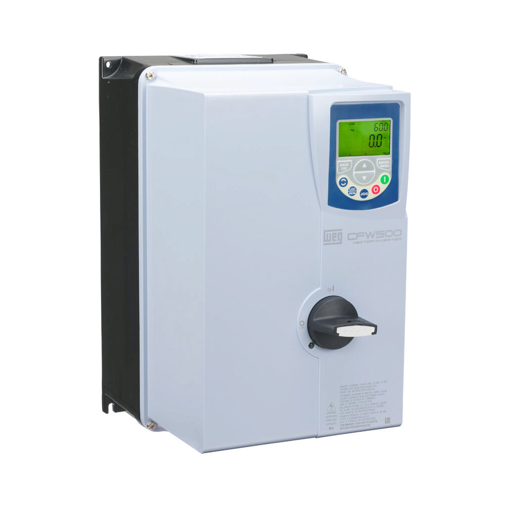 14938655 - WEG Electric CFW500 series AC high-performance drive with disconnect, NEMA 4X, 230 VAC, 10hp with 3-phase input, SVC, V/Hz, VVW, FOC, encoder or torque mode, B frame, RS-485, integrated dynamic braking. Optional communication and STO mo...