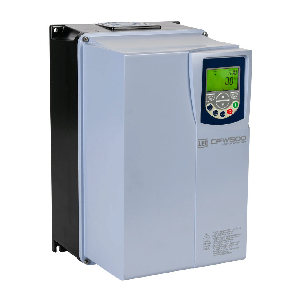 14975783 - WEG Electric CFW500 series AC high-performance drive, NEMA 4X, 230 VAC, 7-1/2hp with 3-phase input, SVC, V/Hz, VVW, FOC, encoder or torque mode, B frame, RS-485, integrated dynamic braking. Optional communication and STO modules available.