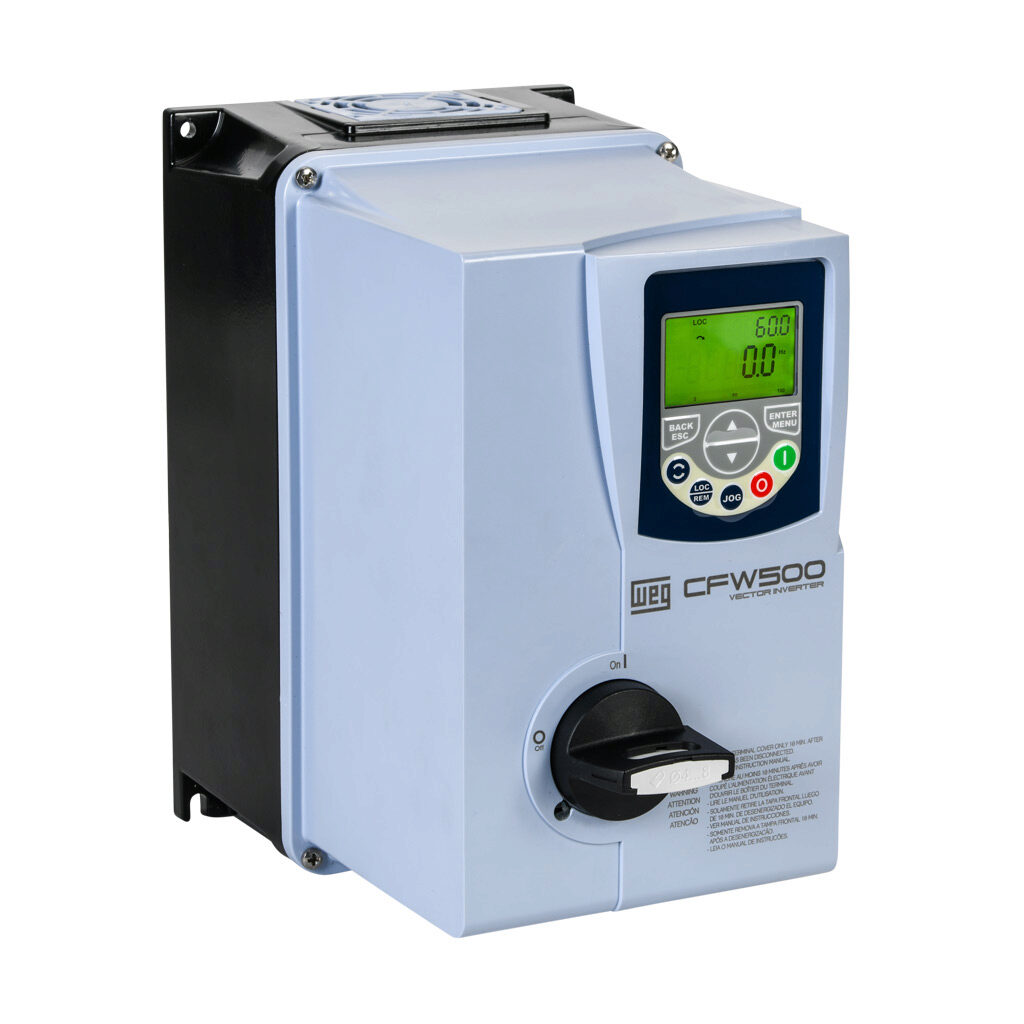 14976517 - WEG Electric CFW500 series AC high-performance drive with disconnect, NEMA 4X, 460 VAC, 1hp with 3-phase input, SVC, V/Hz, VVW, FOC, encoder or torque mode, A frame, RS-485, integrated dynamic braking. Optional communication and STO mod...