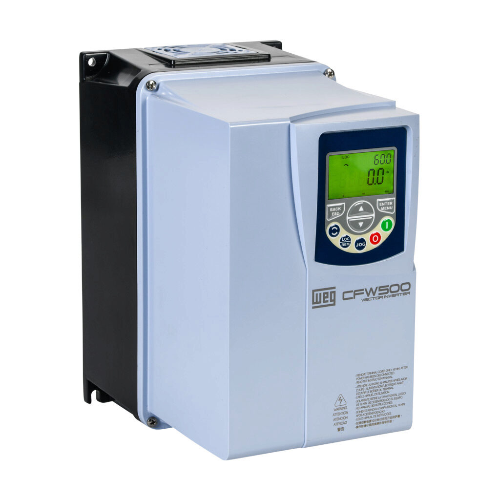 14976683 - WEG Electric CFW500 series AC high-performance drive, NEMA 4X, 460 VAC, 2hp with 3-phase input, SVC, V/Hz, VVW, FOC, encoder or torque mode, A frame, RS-485, integrated dynamic braking. Optional communication and STO modules available.